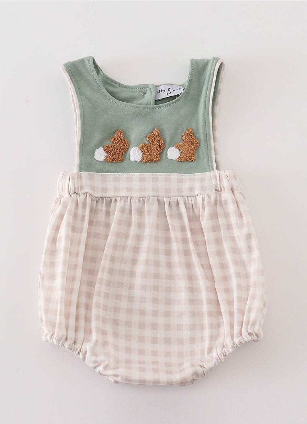 Boy's Boutique Cotton Sage Easter Bunny French Knot Embroidered Bubble Romper Outfit Matching Sibling