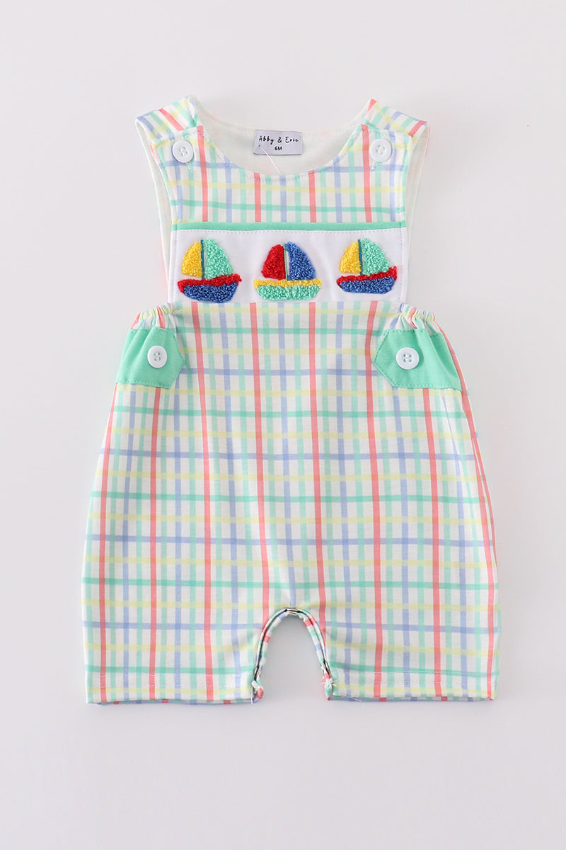 Boy's Boutique Green Sailboat French Knot JonJon Romper Sibling Matching Summer Cruise Trip