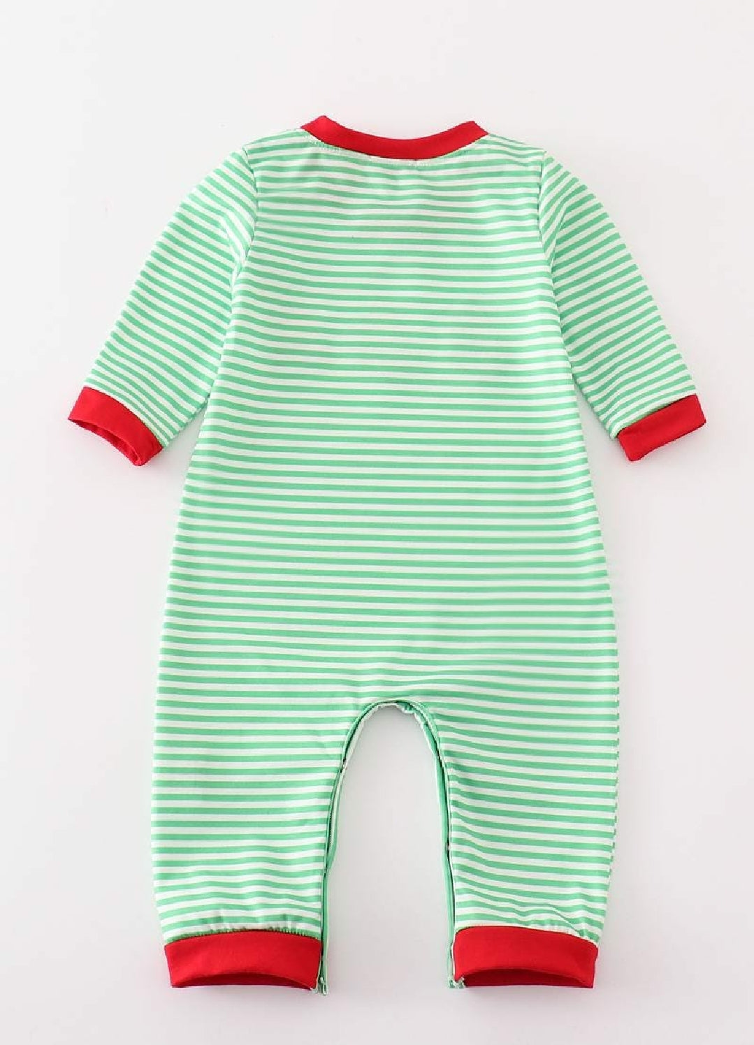 Boy's Boutique Cotton Christmas Green Stripe Green Man Character Applique Embroidered Embroidery Romper Sibling Matching