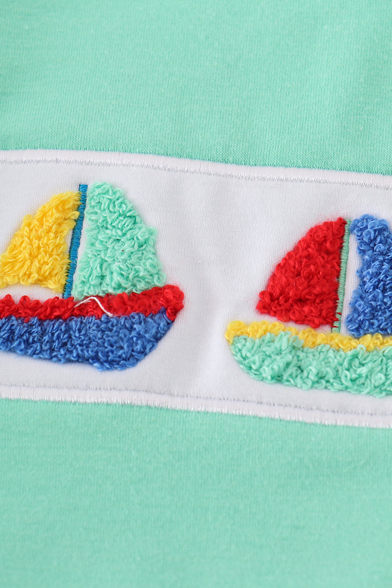 Boy's Boutique Green Sailboat French Knot Shirt Shorts 2 Piece Set Sibling Matching Summer Cruise Trip