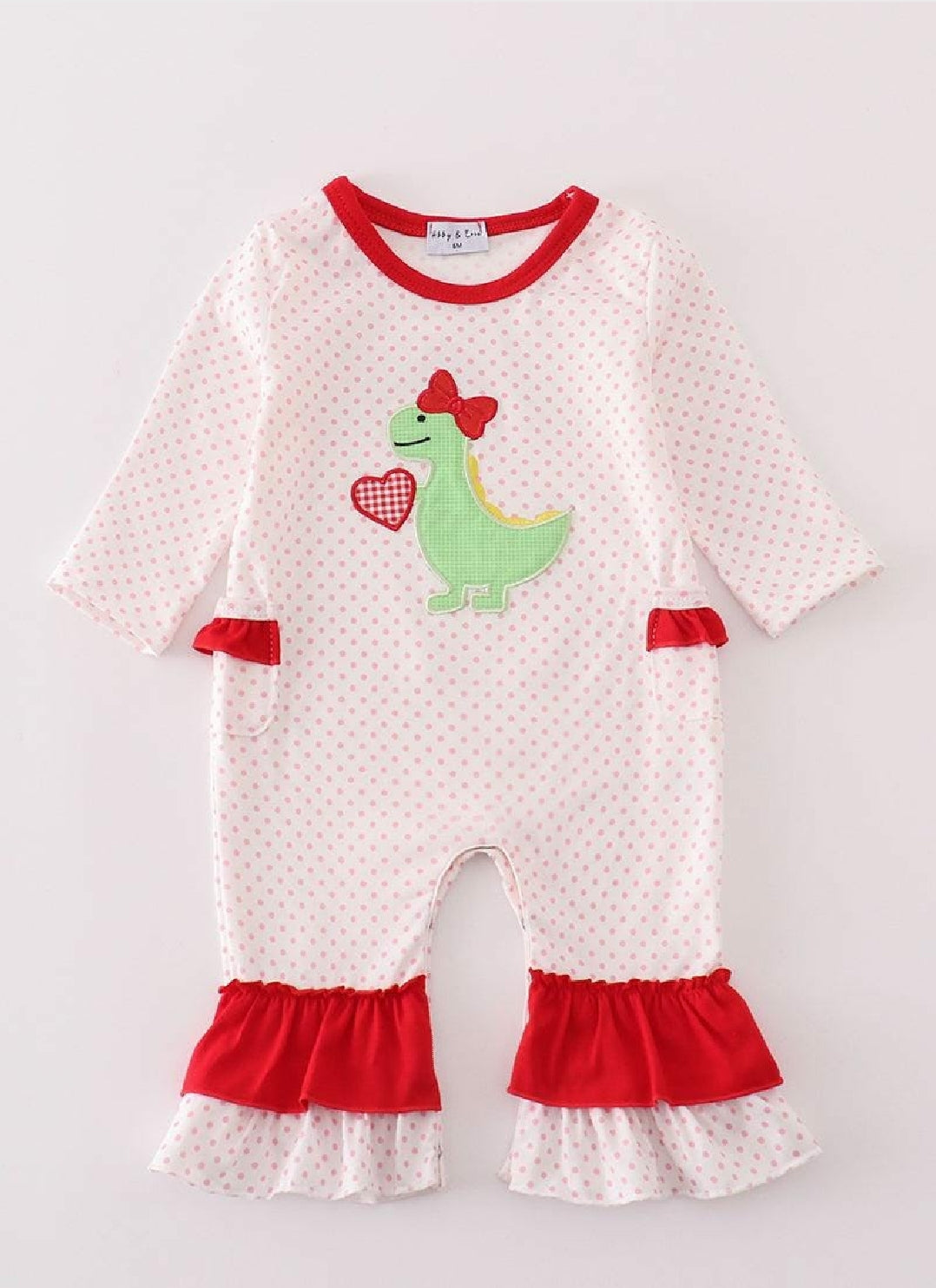 Girl's Boutique Valentine Dinosaur Heart Applique Embroidery Embroidered Romper Matching Sibling
