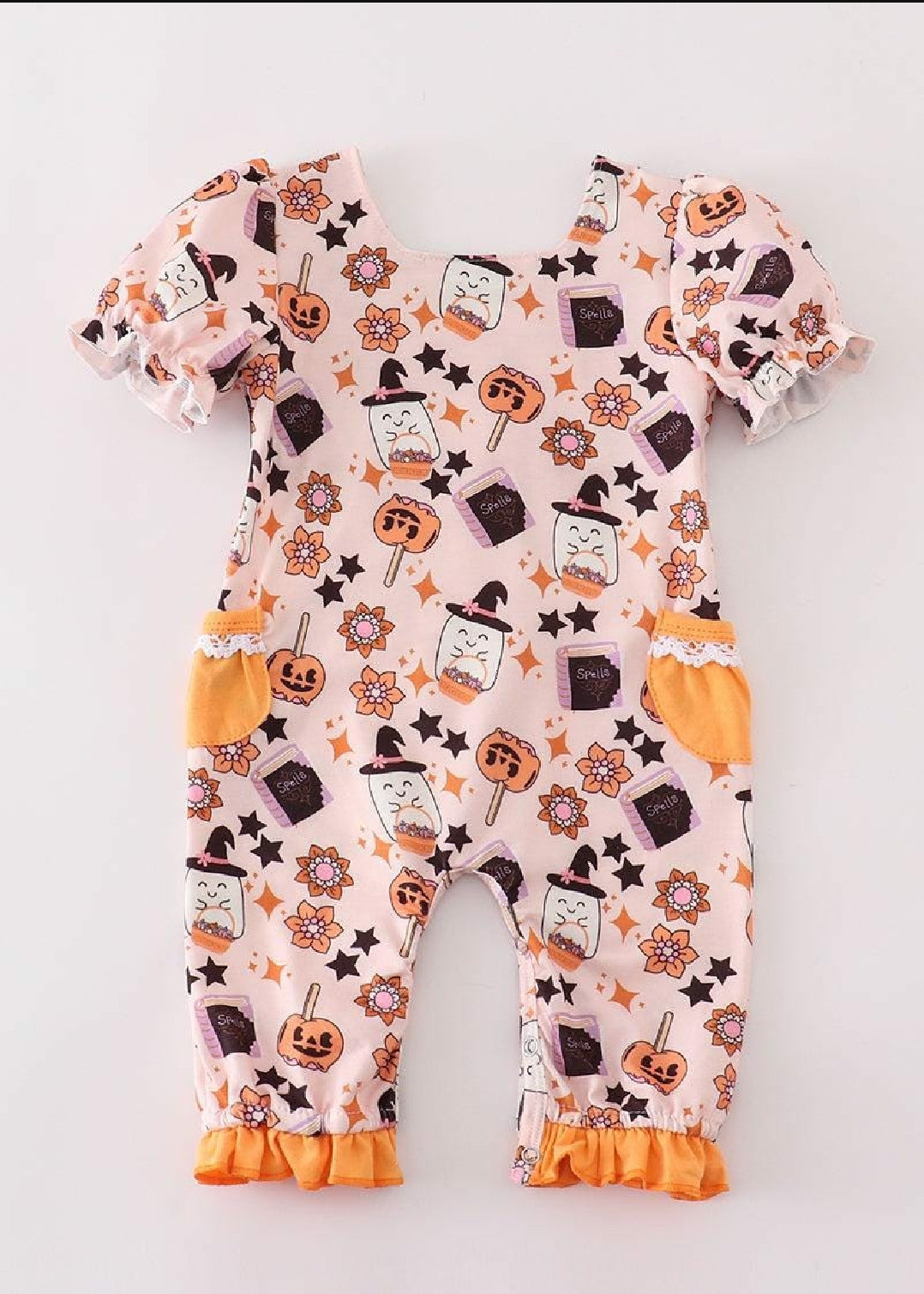 Girl's Boutique Cotton Happy Halloween Orange Ghost Girl Romper Sibling Matching