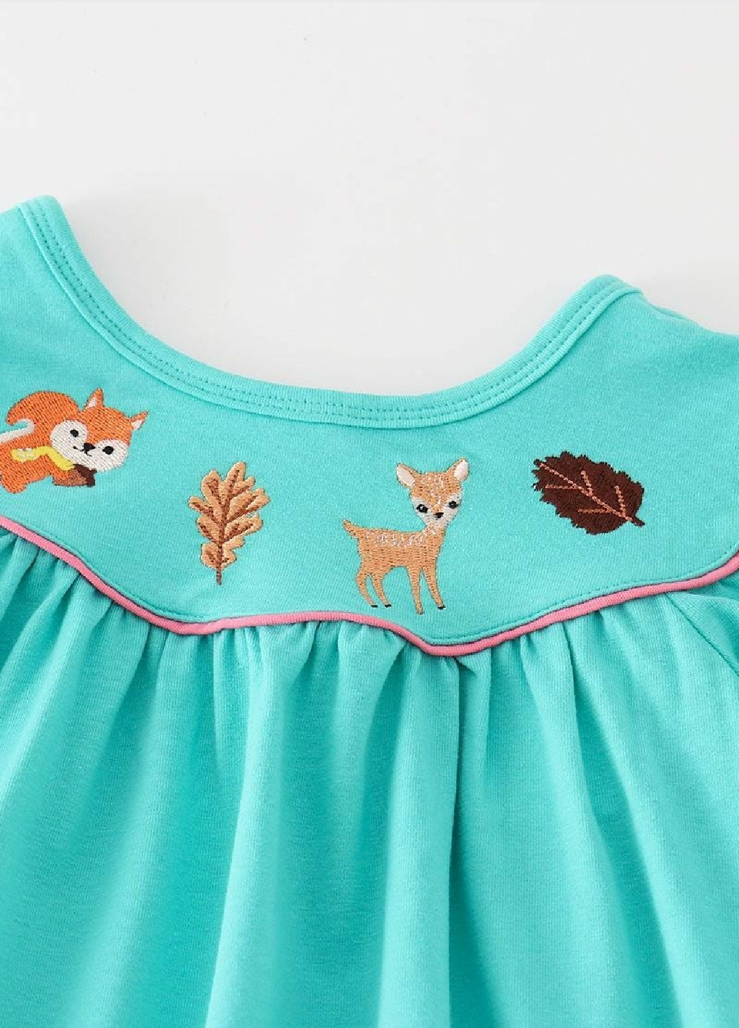 Girl's Boutique Teal Floral Print Forest Animal Embroidered Embroidery Baby Toddler 2PC Set Matching Sibling