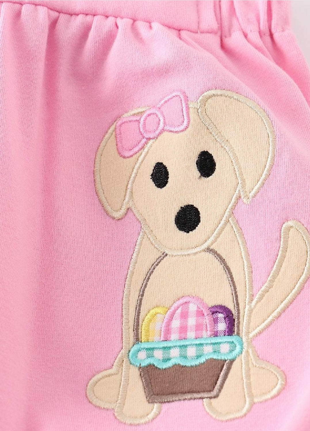 Girl's Boutique Premium Pink Easter Basket Puppy Girl Embroidered Embroidery Romper Outfit Matching Sibling