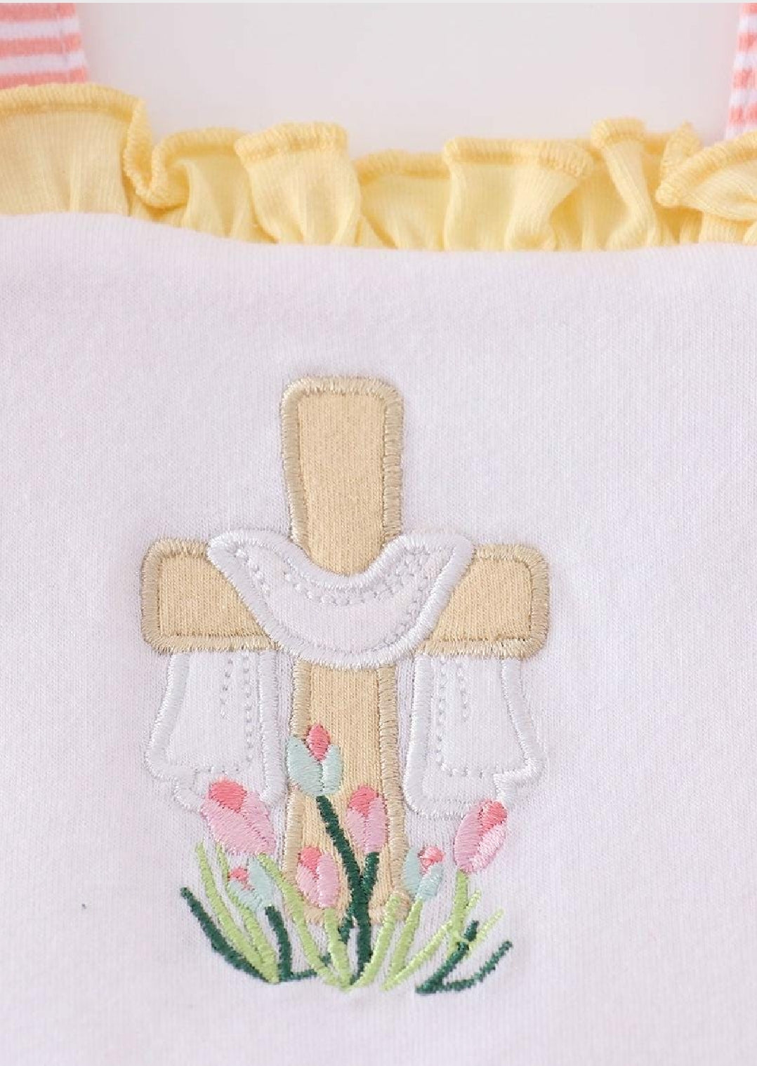Girl's Boutique Premium Pink Easter Cross Girl Embroidered Embroidery Ruffle Bubble Romper Matching Sibling