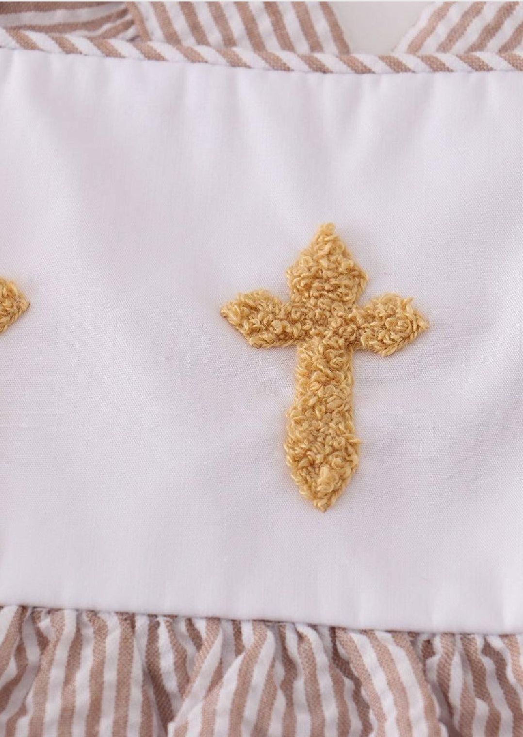 Girl's Boutique Premium White Stripe Easter Cross Brown Embroidered Two Piece Short Set Ruffles Lace Outfit Matching Sibling