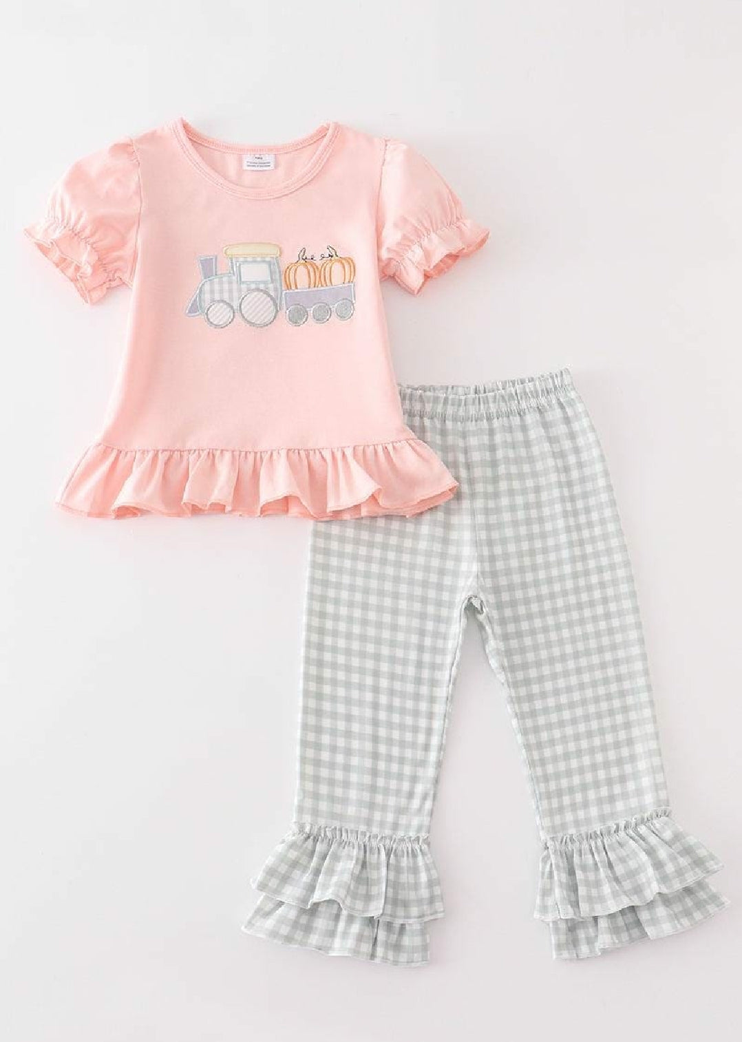 Girl's Boutique Beige Pink Train Pumpkin Applique Embroidered Embroidery Thanksgiving Fall Set Outfit Matching Sibling
