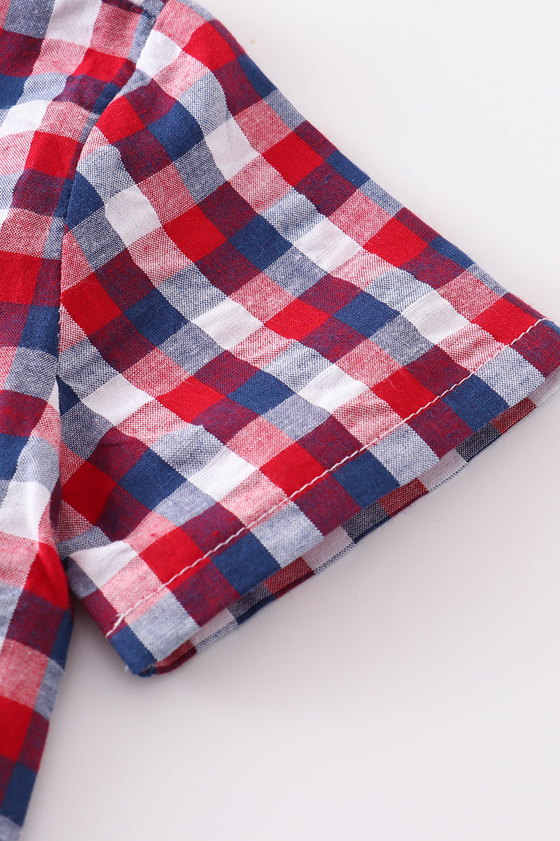 Boy's Boutique Premium Patriotic Plaid Flag Button Down Top Shirt 4th of July Sibling Matching