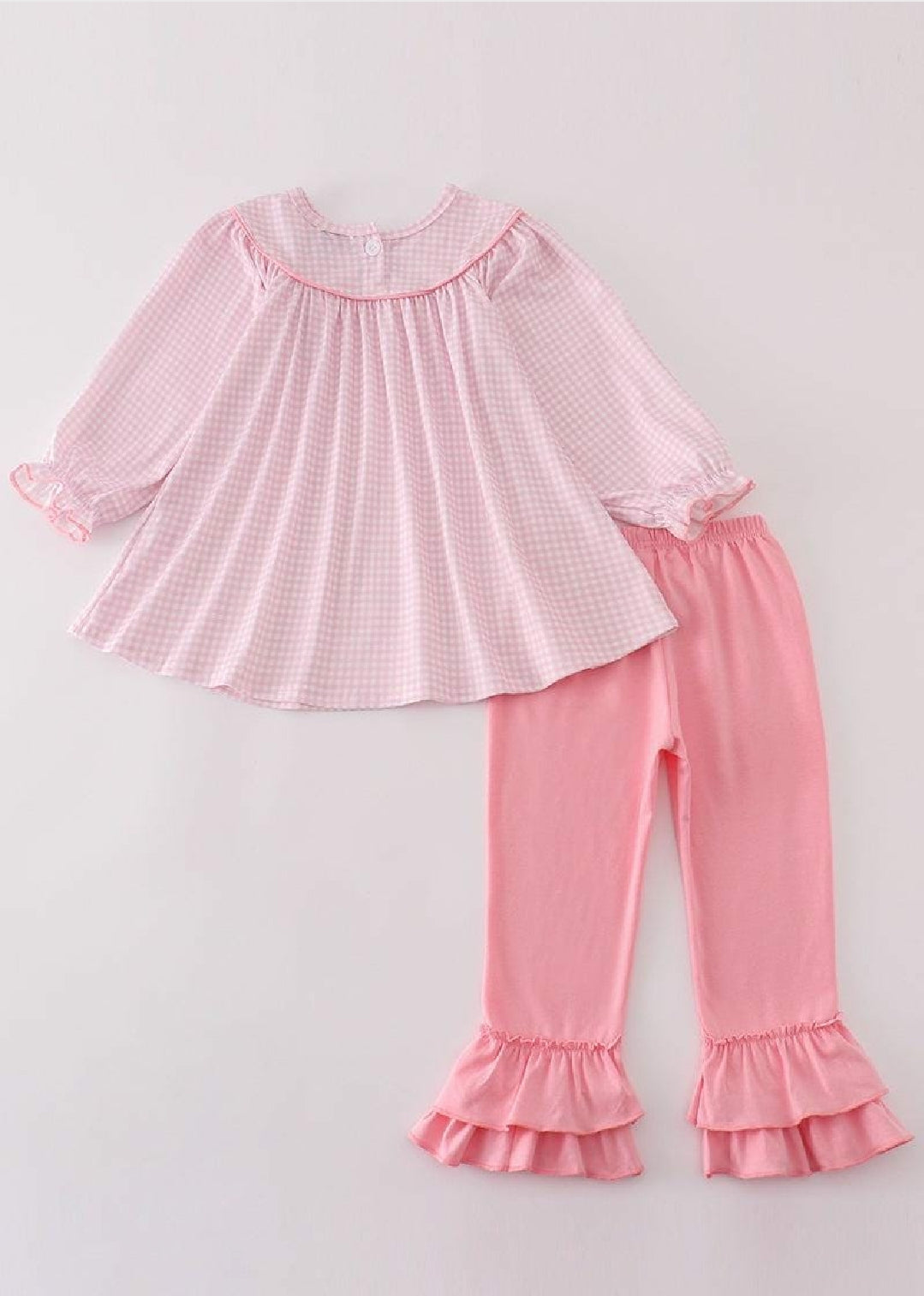 Girl's Boutique Pink Gingham Valentine Heart French Knot Embroidery Embroidered Pant Set Matching Sibling