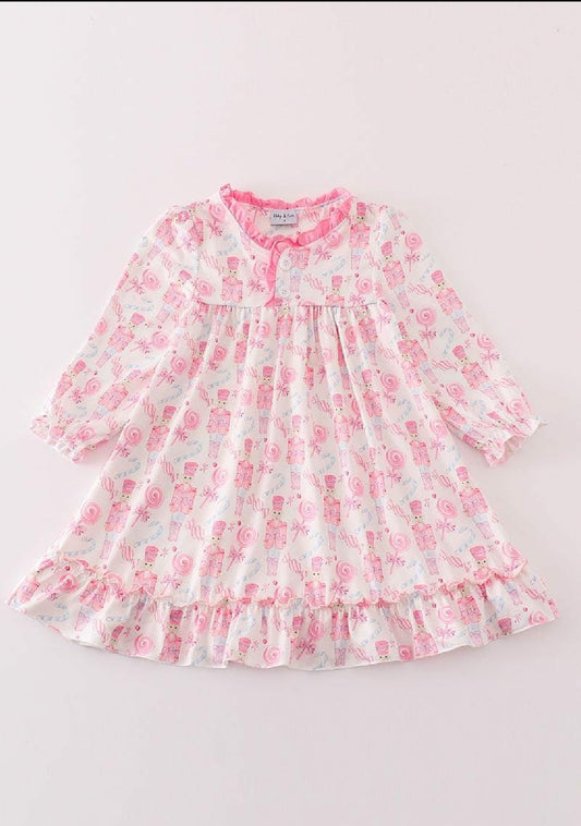 Girl's Boutique Cotton Pink Christmas Nutcracker Ruffle Lounge Dress Sibling Matching