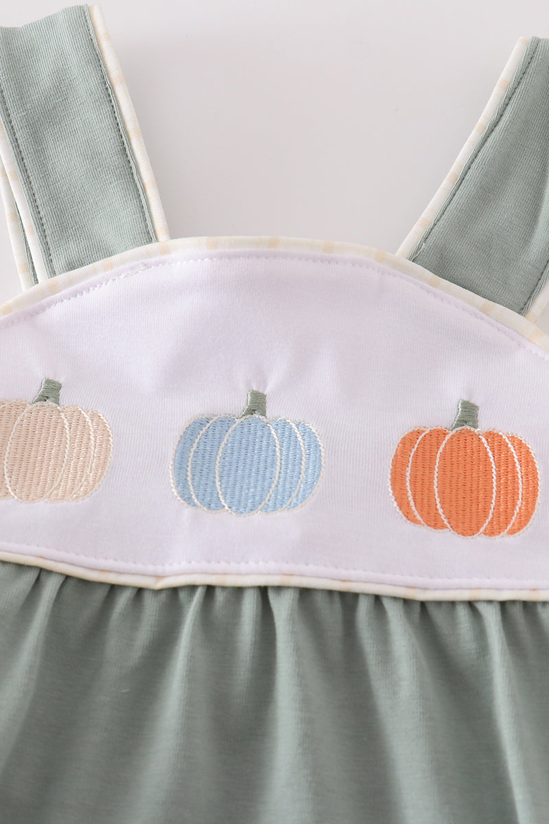 Boy's And Girl's Unisex Boutique Green Pumpkin Embroidered Embroidery Thanksgiving Fall Romper Outfit Matching Sibling Size 6M