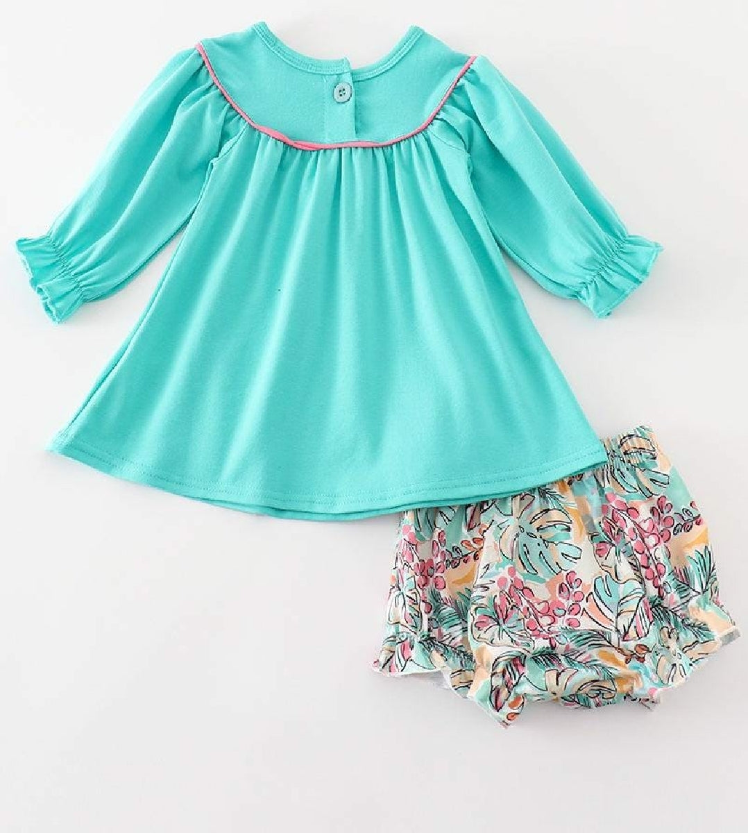 Girl's Boutique Teal Floral Print Forest Animal Embroidered Embroidery BABY Toddler Bloomer Set Matching Sibling