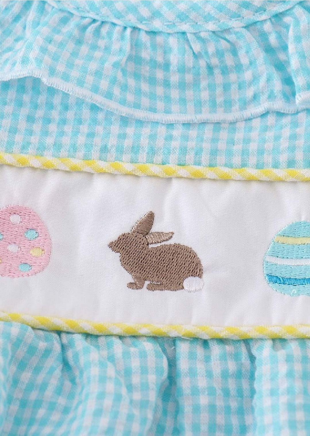 Girl's Premium Boutique Mint Easter Bunny Egg Gingham Embroidered Bubble Romper Outfit Matching Sibling