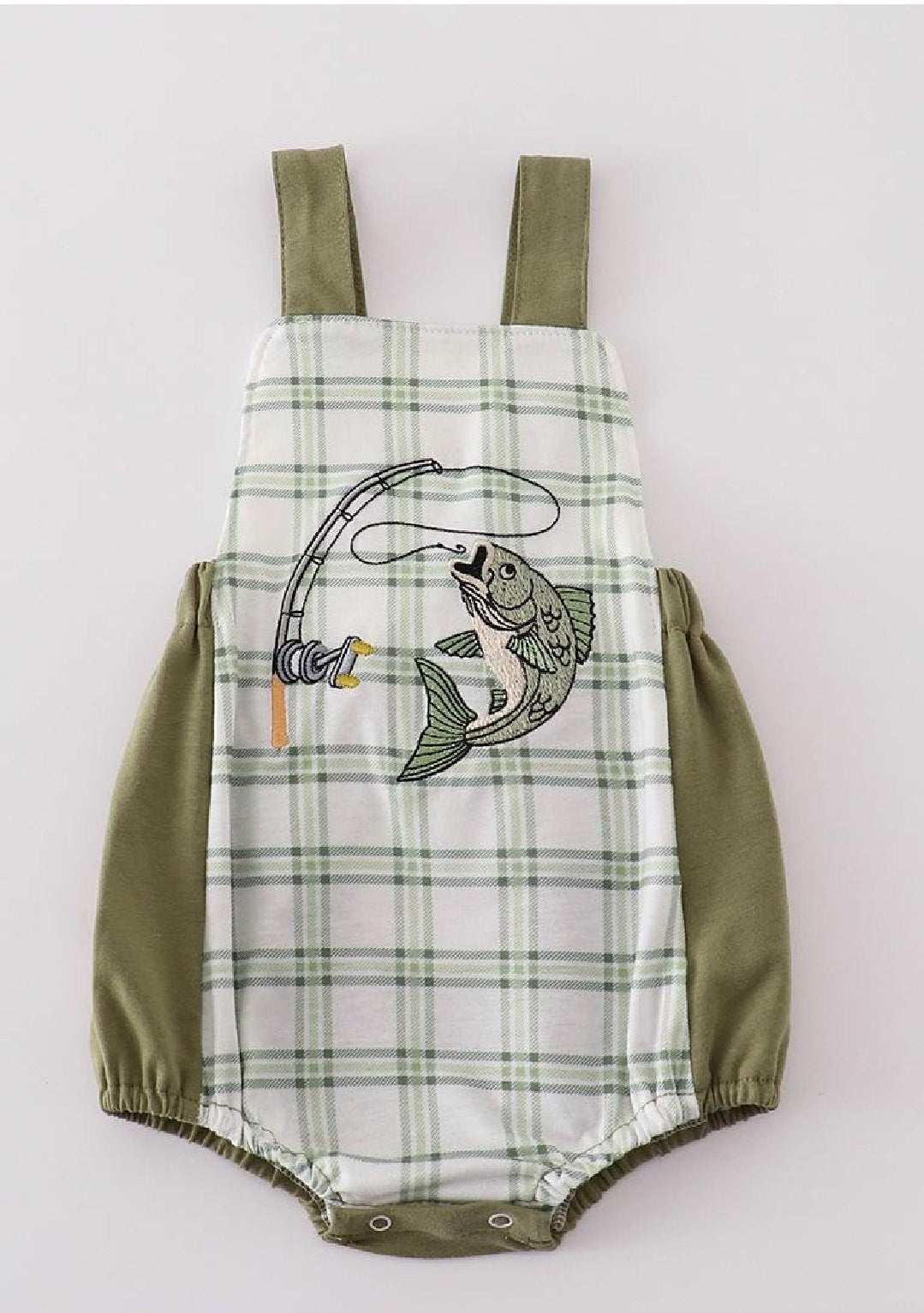 Boy's Boutique Green Plaid Fish Embroidered Embroidery Boy Bubble Romper Sibling Matching Summer