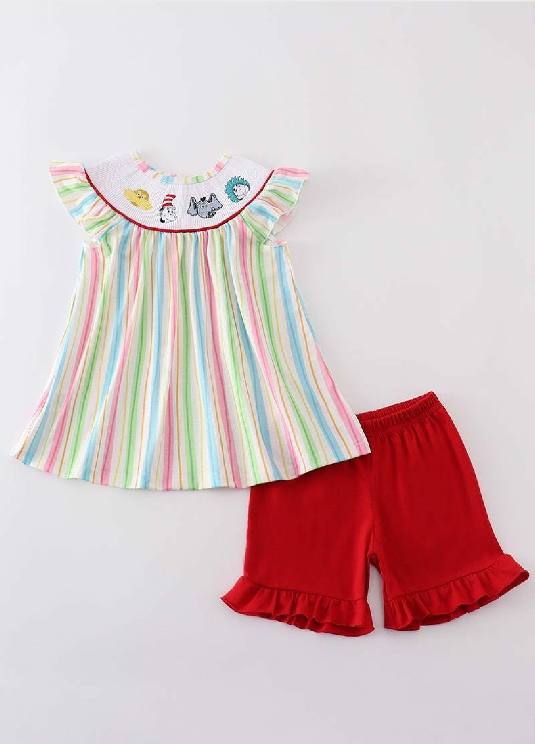 Girl's Rainbow Back To School Character BTS Embroidered Embroidery Two Piece Short Set Summer Sibling Matching