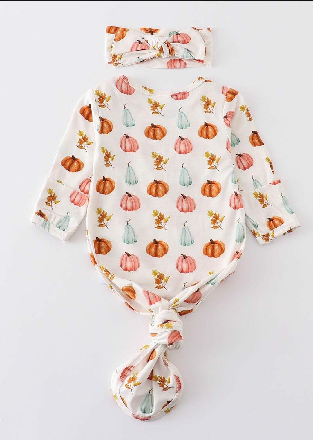 Girl's Boutique Pumpkin Print Bamboo Baby Knot One Piece Outfit And Matching Headband