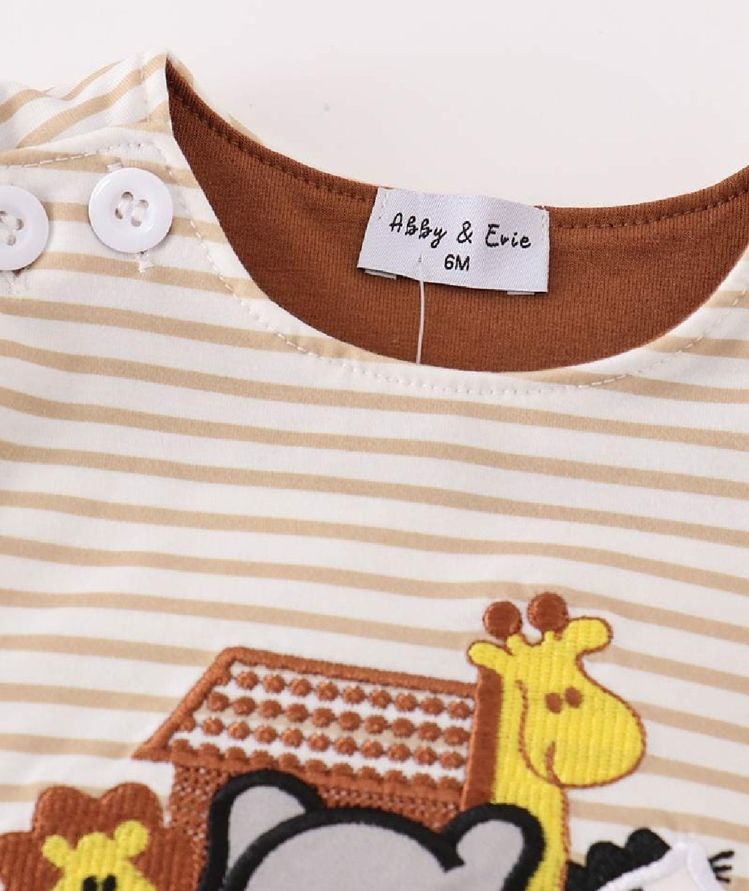 Boy's Boutique Brown And Cream Noah's Ark Applique Embroidered Embroidery Stripe Jon Jon Romper Outfit Matching Sibling