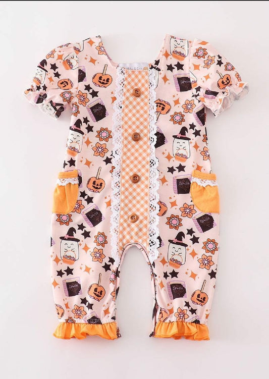 Girl's Boutique Cotton Happy Halloween Orange Ghost Girl Romper Sibling Matching
