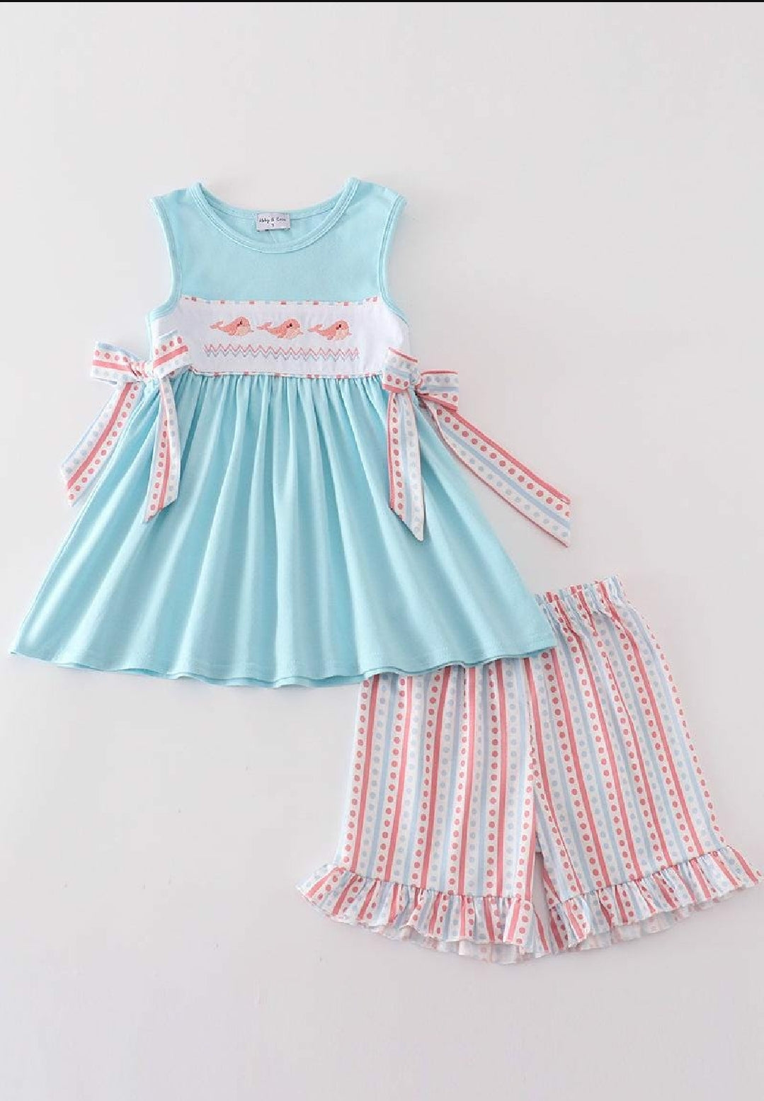 Girl's Blue Whale Embroidered Embroidery 2 Piece Set Summer Vacation Sibling Matching