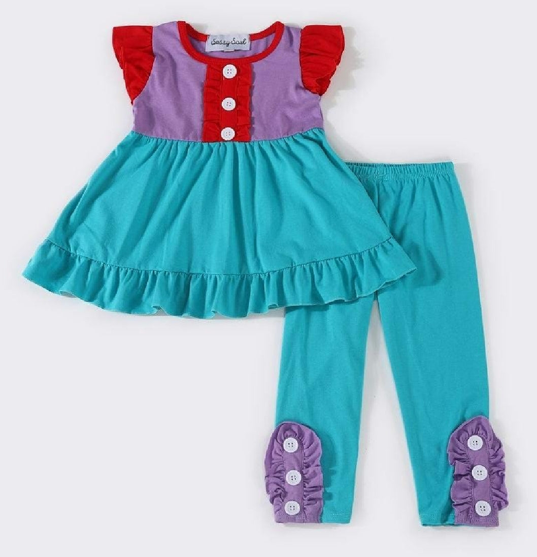 Girl's Boutique Purple Red Teal Mermaid Colors Ruffle 2 Piece Set Sibling Matching