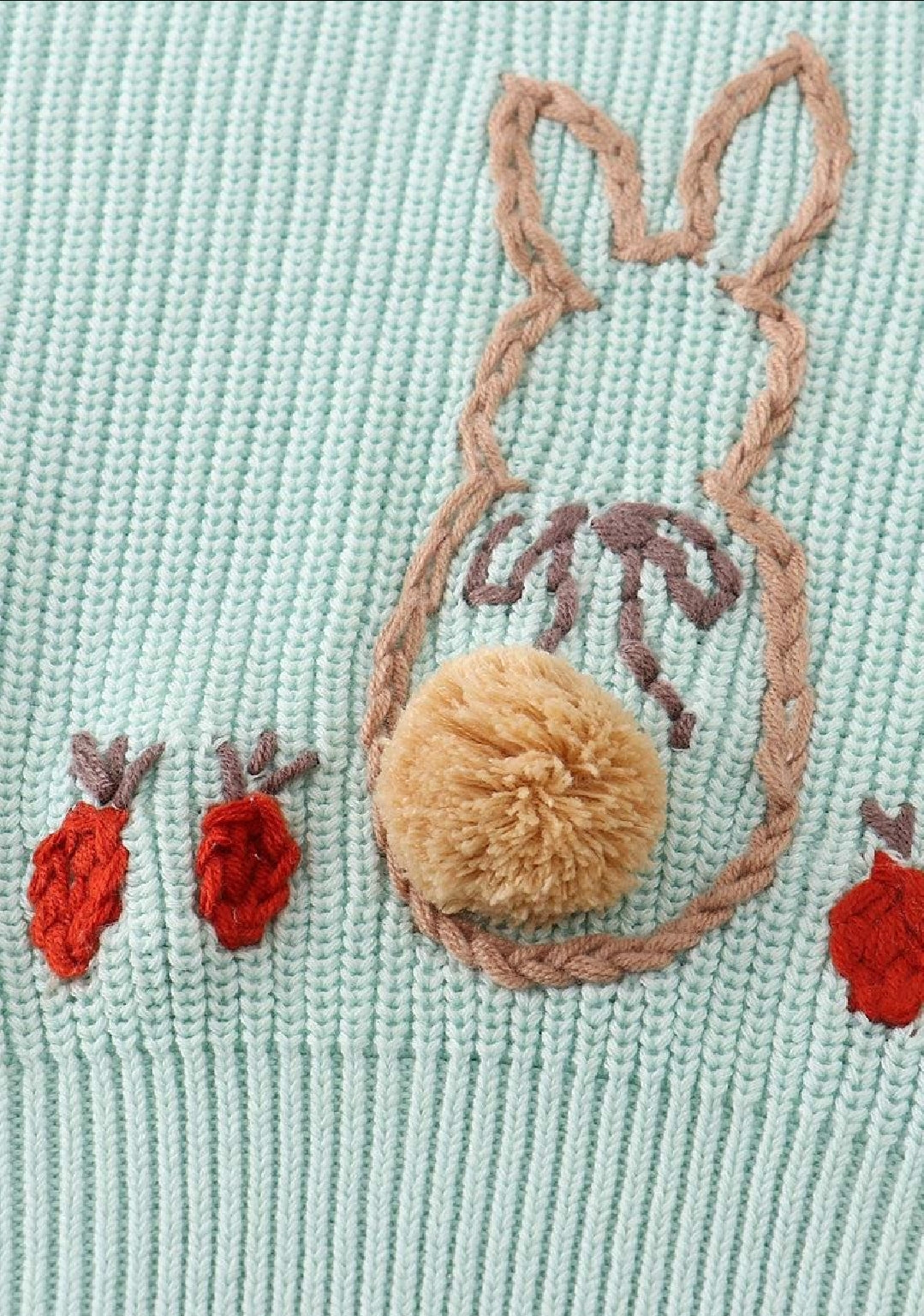 Girl's Boutique Bluish Green Easter Hand-Embroided Handmade Hand-Embroidery Bunny Poof Pullover Sweater Matching Sibling