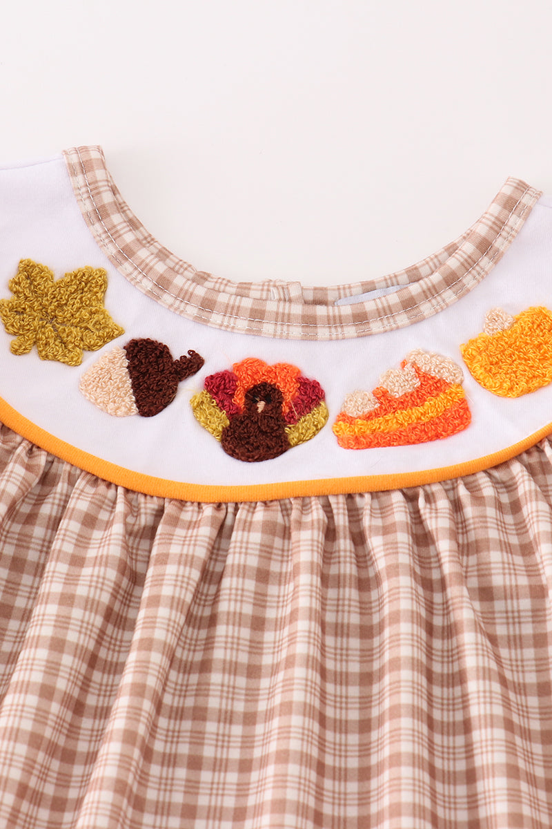 Abby & Evie Girls's Boutique Brown Plaid Turkey French Knot Embroidered Embroidery Thanksgiving Fall 2 Piece Outfit Matching Sibling