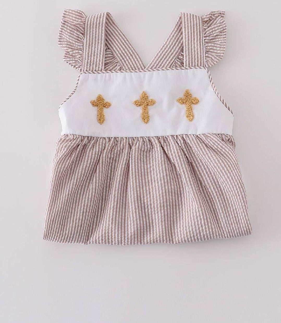 Girl's Boutique Premium White Stripe Easter Cross Brown Embroidered Two Piece Short Set Ruffles Lace Outfit Matching Sibling