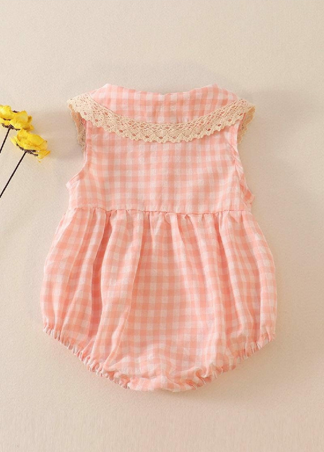 Girl's Boutique Blush Pink Plaid Linen Button Down Checkered Flannel Lace Bubble Romper Matching Sibling