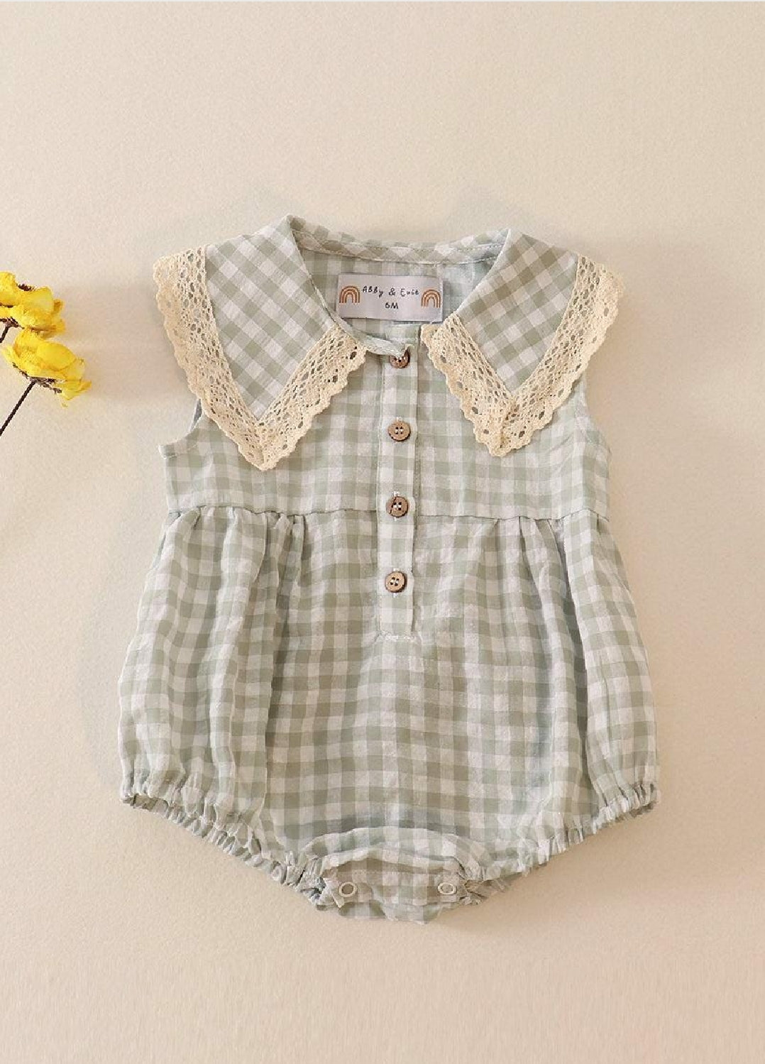 Girl's Boutique Green Plaid Linen Button Down Checkered Flannel Lace Bubble Romper Matching Sibling