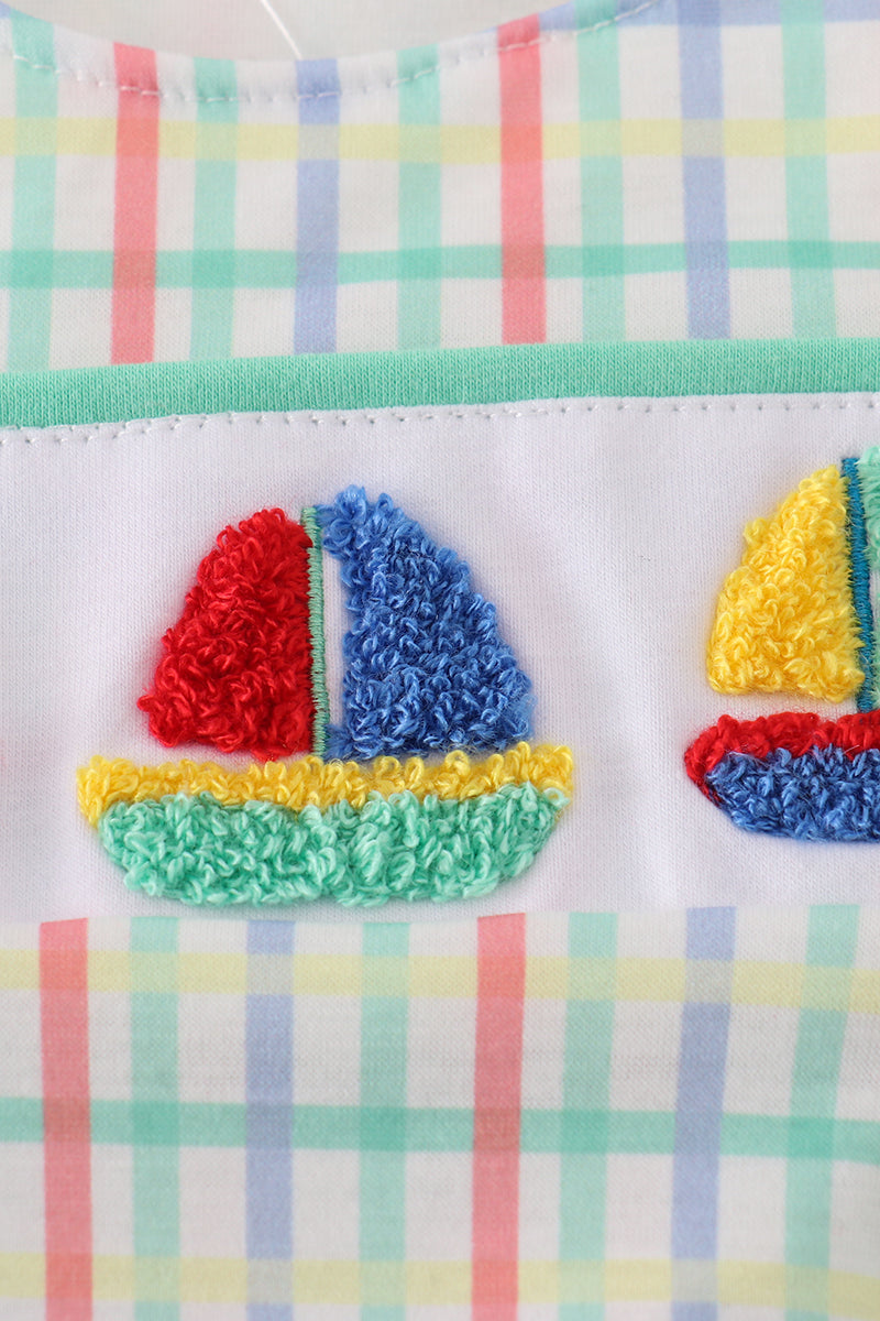 Boy's Boutique Green Sailboat French Knot JonJon Romper Sibling Matching Summer Cruise Trip