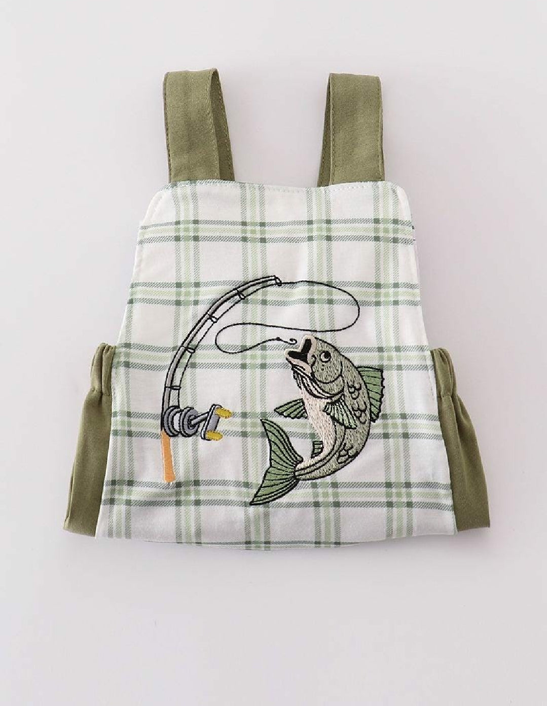 Boy's Boutique Green Plaid Fish Embroidered Embroidery Boy Bubble Romper Sibling Matching Summer