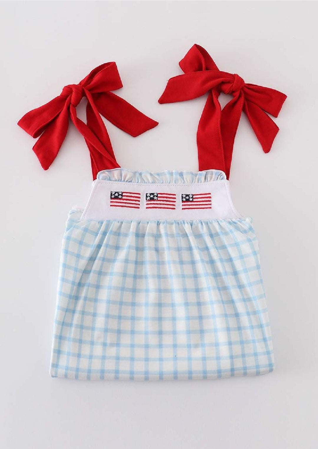 Girl's Boutique Patriotic Checkered Flag Red And Blue 2 Piece Set Embroidery Embroidered 4th of July Sibling Matching