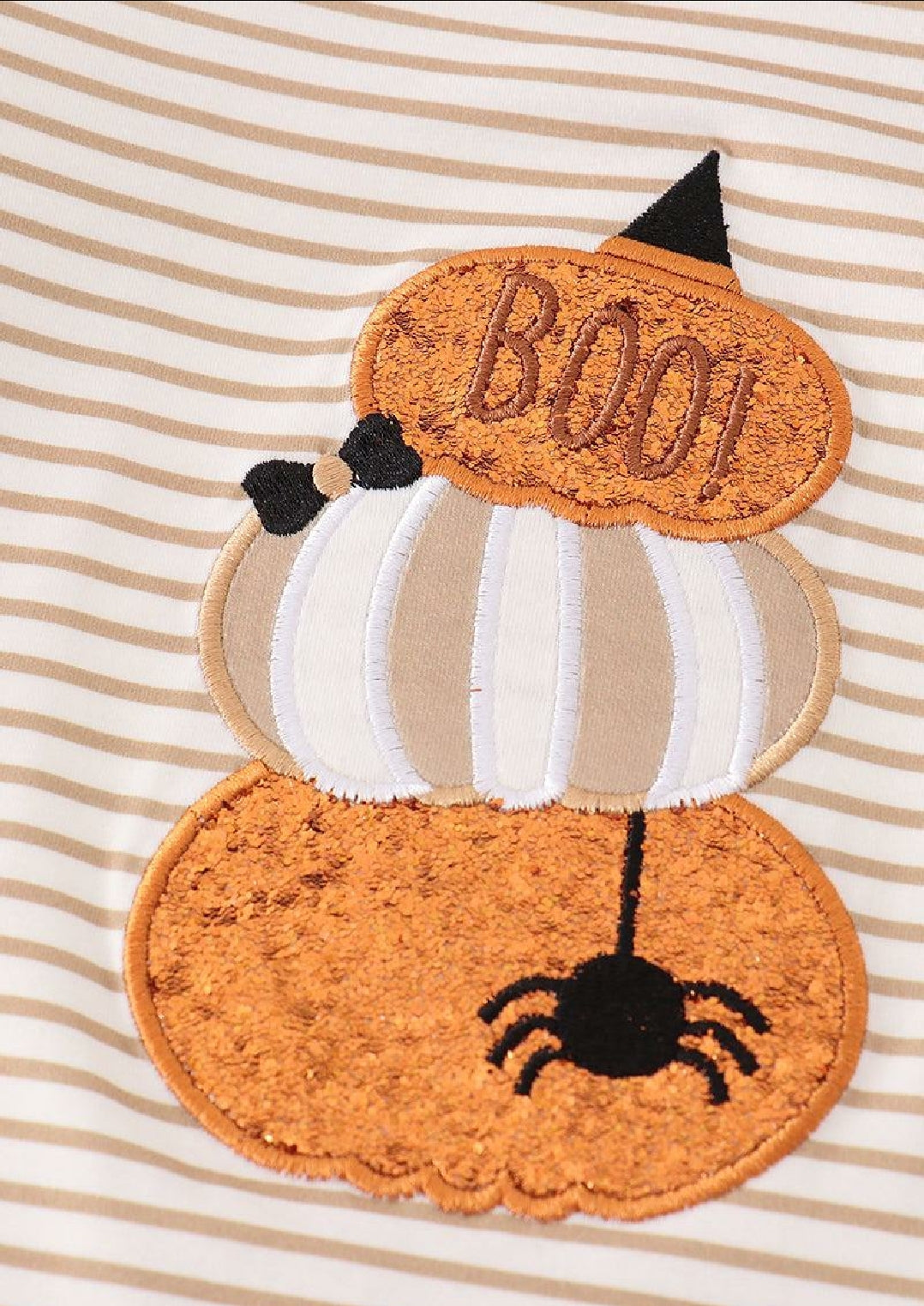 Girl's Boutique Cotton Halloween Pumpkin Khaki Stripe Applique Embroidered Boo Spider 2 Piece Set Sibling Matching