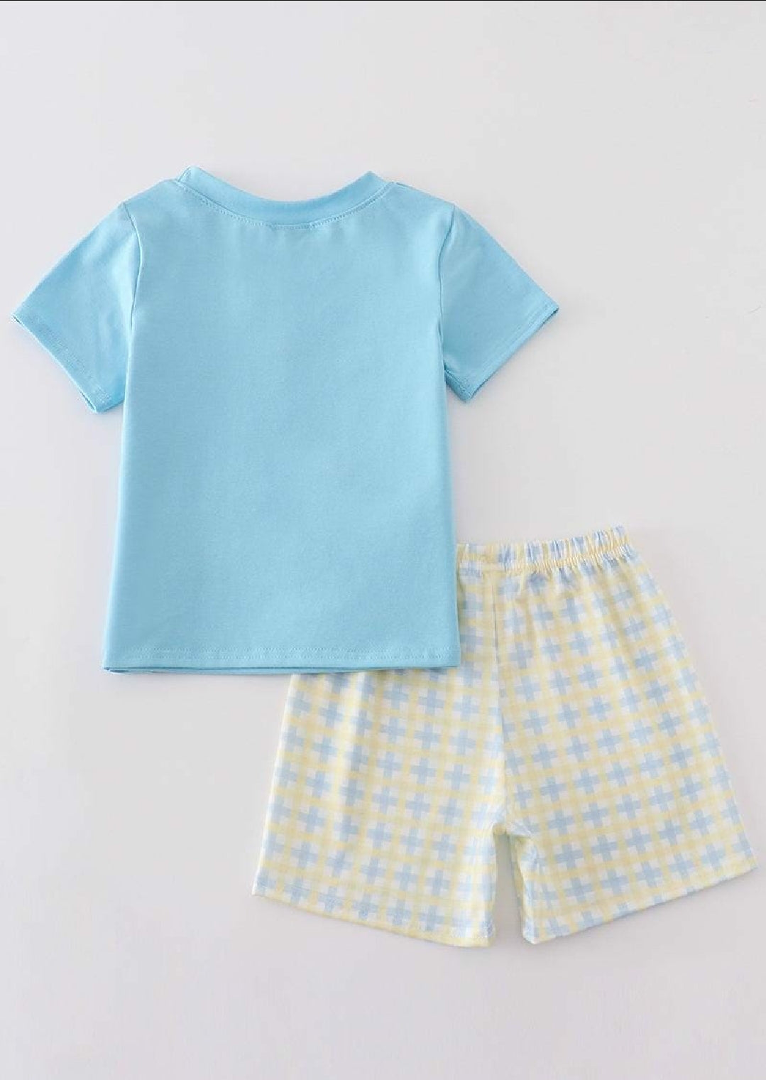 Boy's Boutique Blue And Yellow Easter He Is Risen Applique Checkered Embroidered Two Piece Short Outfit Matching Sibling