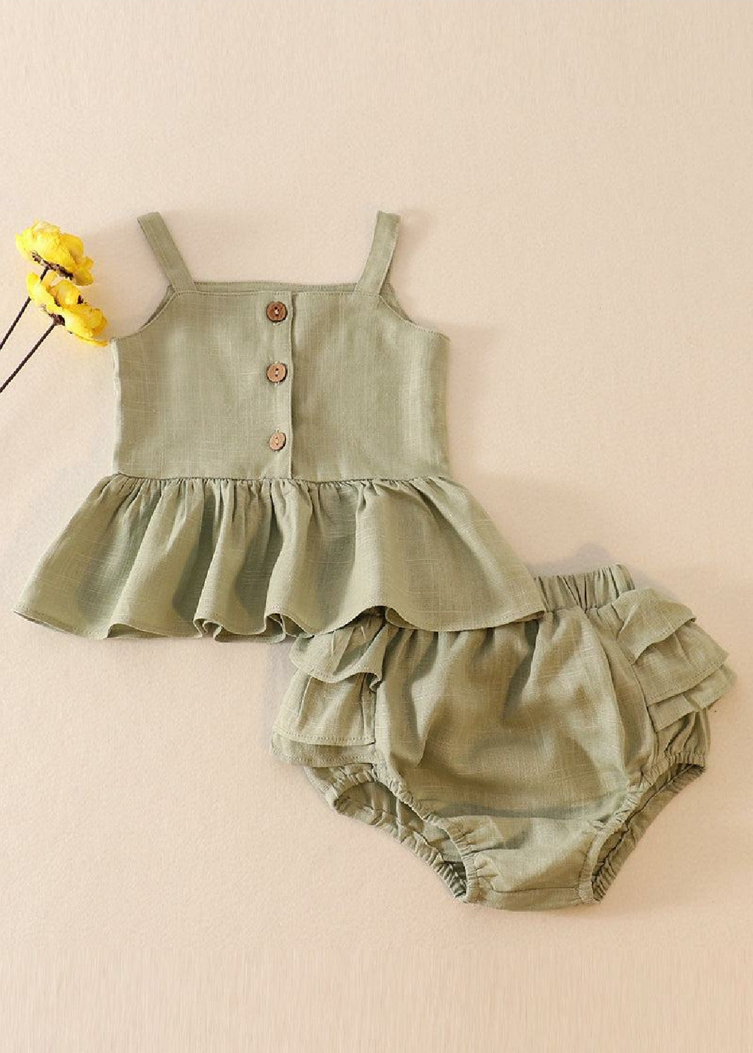 Girl's Boutique Sage Green Linen Ruffle 2 Two Piece Ruffle Summer Outfit Set Matching Sibling