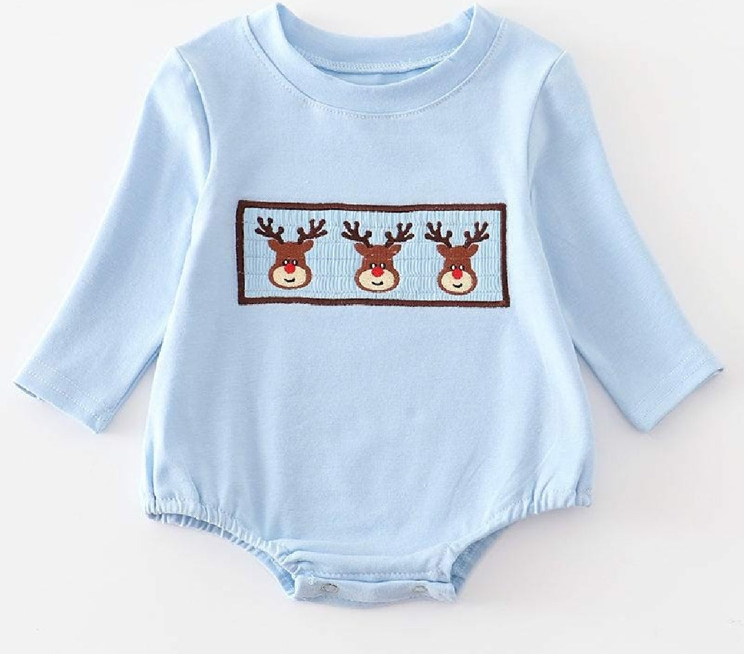 Boy's Boutique Blue Christmas Reindeer Smocked Embroidered Embroidery Bubble Romper Outfit Sibling Matching
