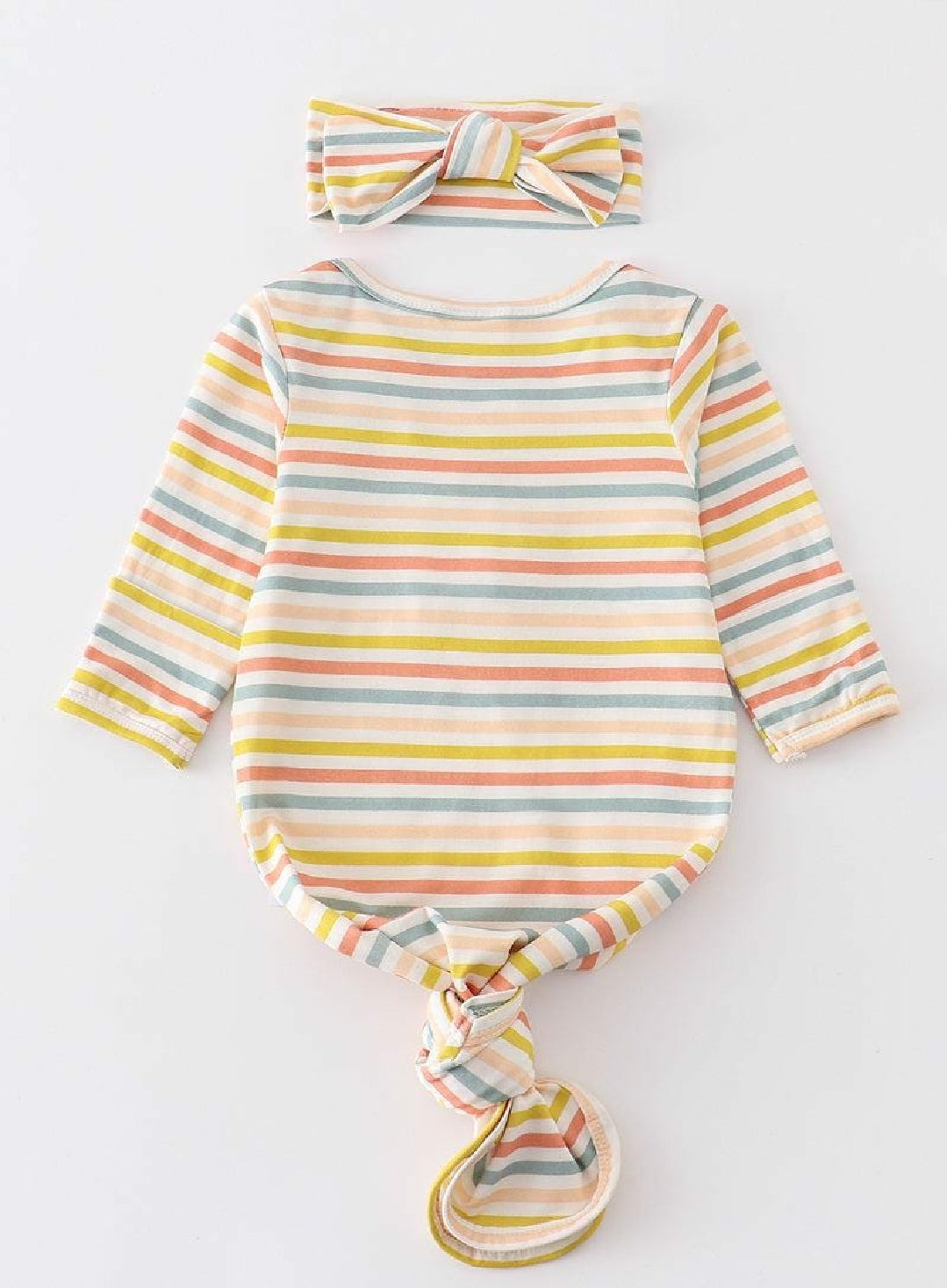 Girl's Boutique Spring Stripe Multicolor Bamboo Baby Knot One Piece Outfit And Matching Headband
