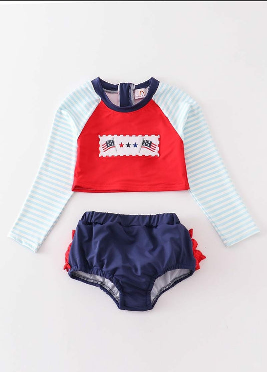 Girl's Boutique Blue Patriotic Flag Embroidered Embroidery 4th Of July Two Piece Swimsuit Matching Sibling