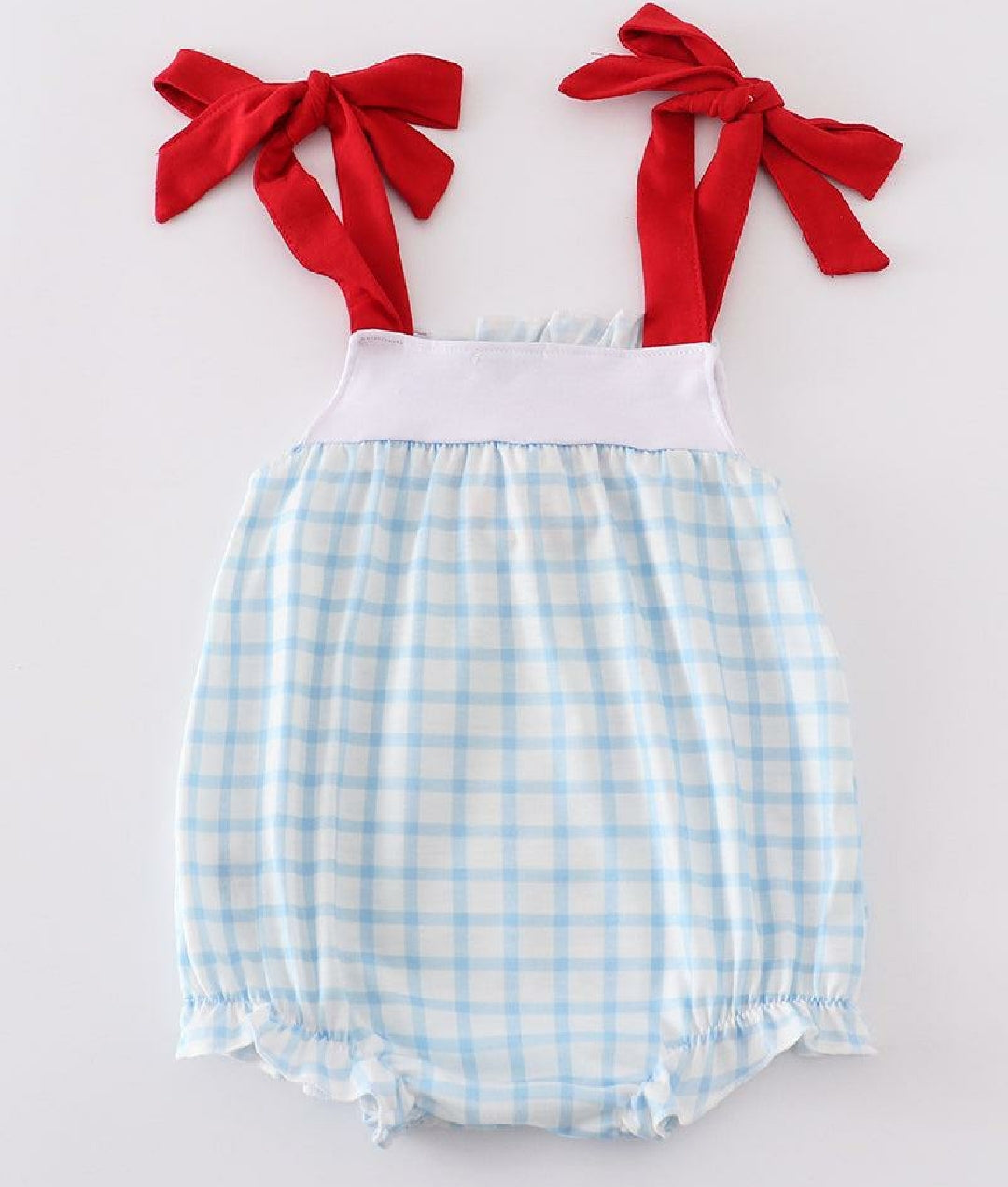 Girl's Boutique Patriotic Checkered Flag Red Blue Bubble Romper Outfit Embroidery Embroidered 4th of July Sibling Matching