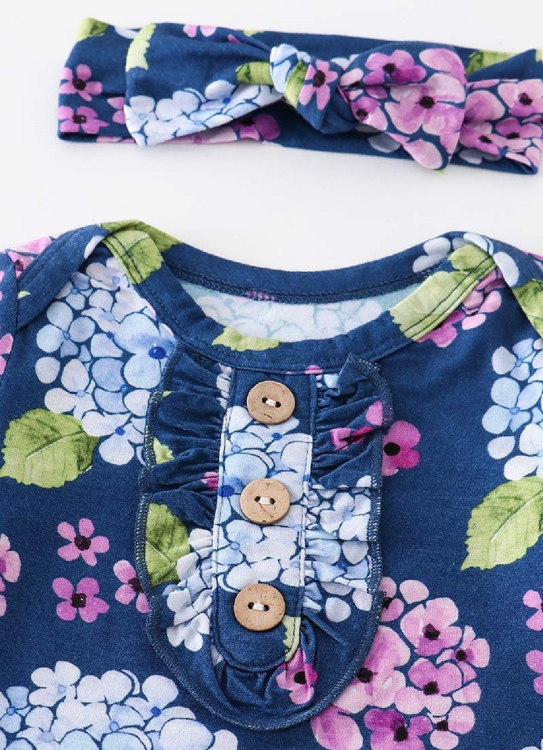 Girl's Boutique Navy Blue Floral Print Bamboo Baby Knot One Piece Outfit And Matching Headband