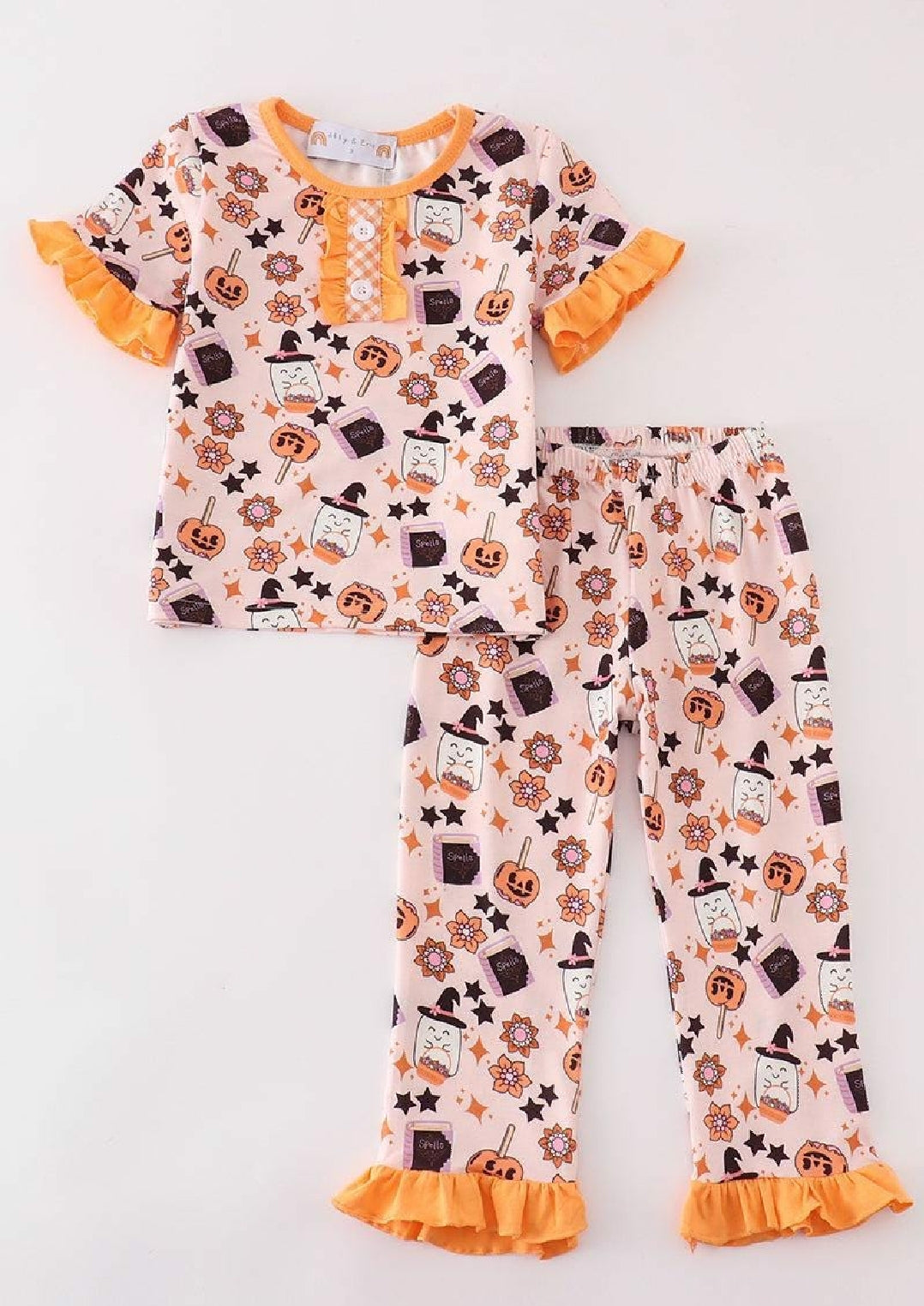Girl's Boutique Cotton Happy Halloween Orange Ghost Girl Ruffle Lounge Set Sibling Matching