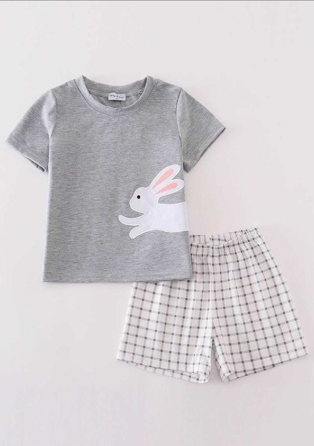 Boy's Boutique Easter Grey Gray Bunny Bunnies Applique Embroidered Embroidery Two Piece Short Set Outfit Matching Sibling