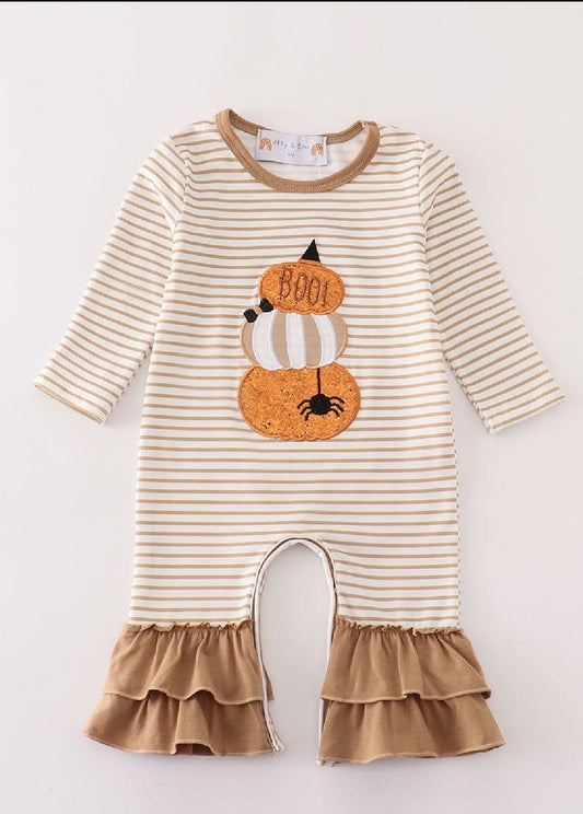Girl's Boutique Cotton Halloween Pumpkin Khaki Stripe Applique Embroidered Boo Spider Romper Sibling Matching