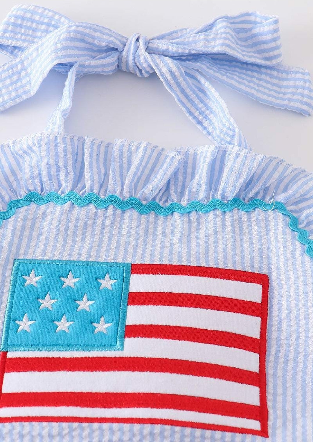Girl's Boutique Seersucker Patriotic Flag Embroidered Embroidery 4th Of July One Piece Swimsuit Matching Sibling