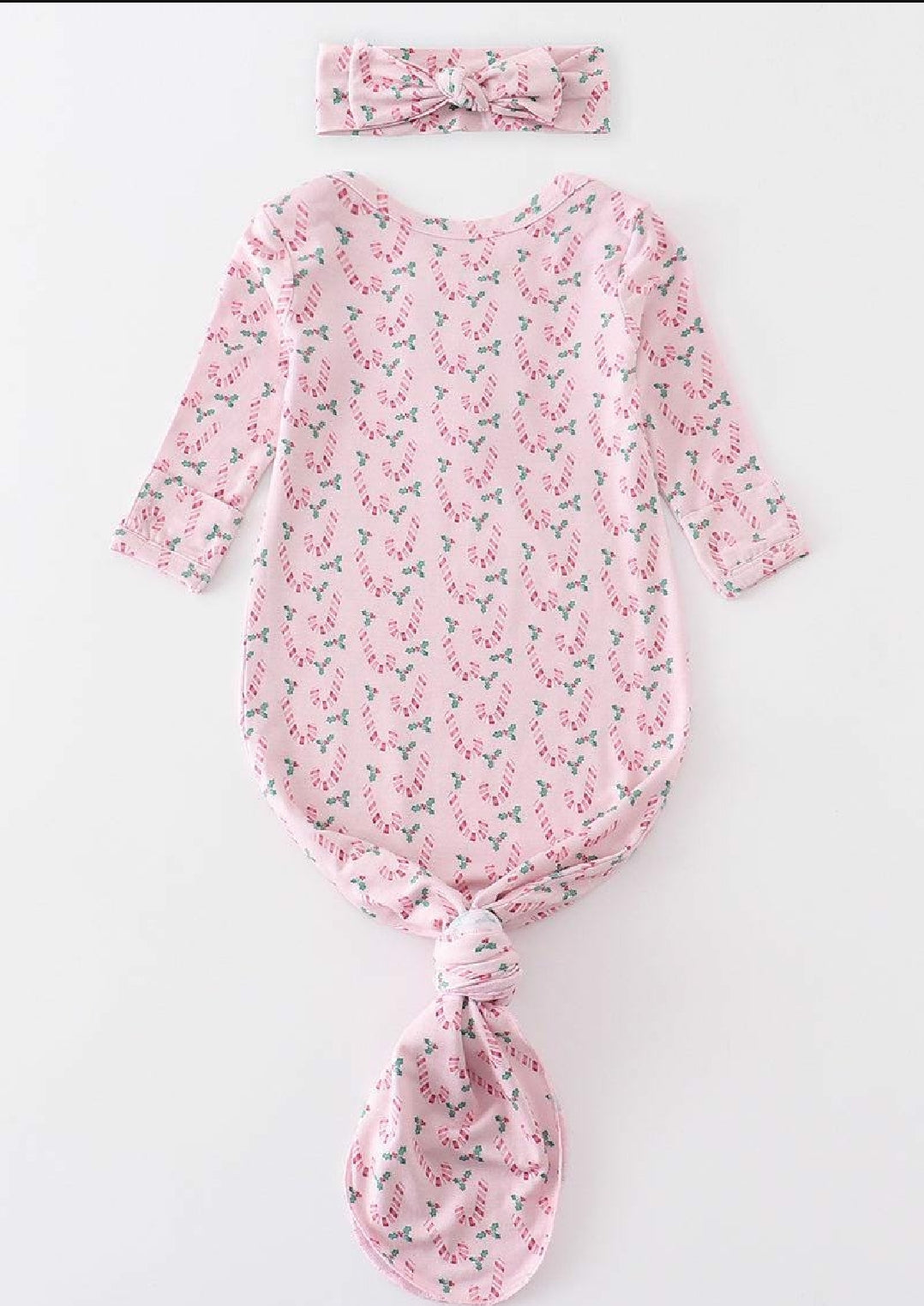 Girl's Boutique Pink Candy Cane Print Bamboo Baby Knot One Piece Outfit And Matching Headband Christmas