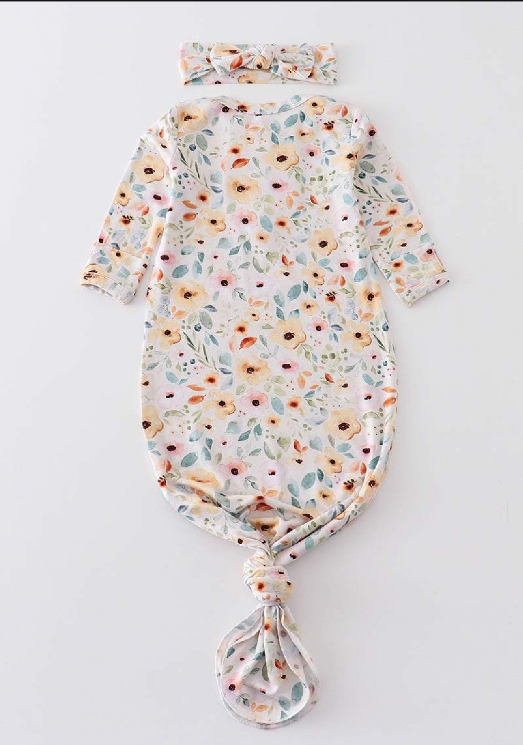 Girl's Boutique Mustard Floral Print Bamboo Baby Knot One Piece Outfit And Matching Headband