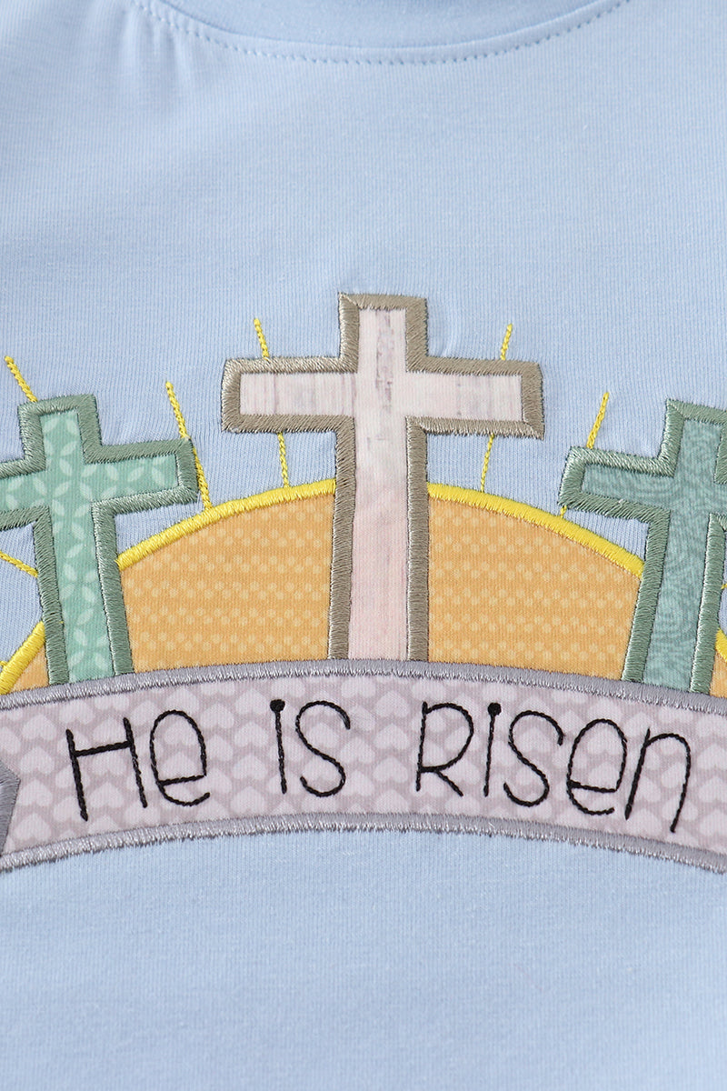 Boy's Boutique Blue Easter Cross He Is Risen Applique Gingham 2 Piece Outfit Set Matching Sibling