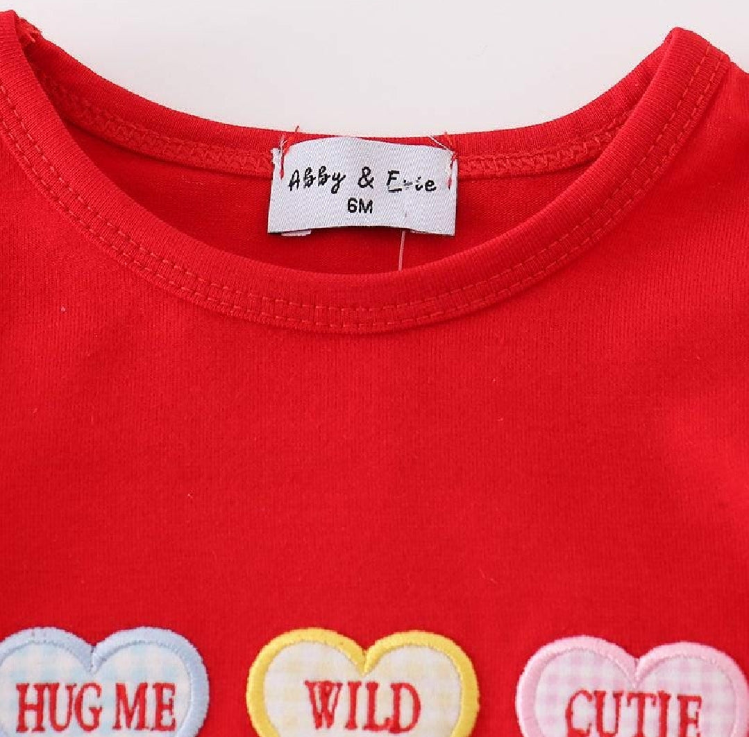 Girl's Boutique Premium Red Valentine Heart Applique Embroidery Embroidered Romper Matching Sibling