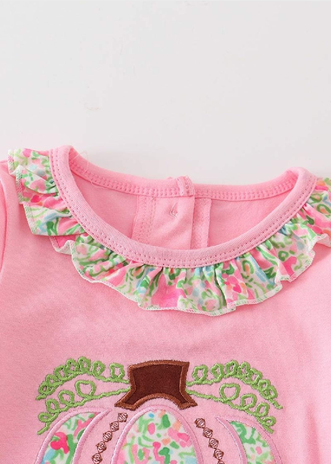 Girl's Boutique Pink Floral Pumpkin Applique Embroidered Embroidery Thanksgiving Fall Romper Matching Sibling