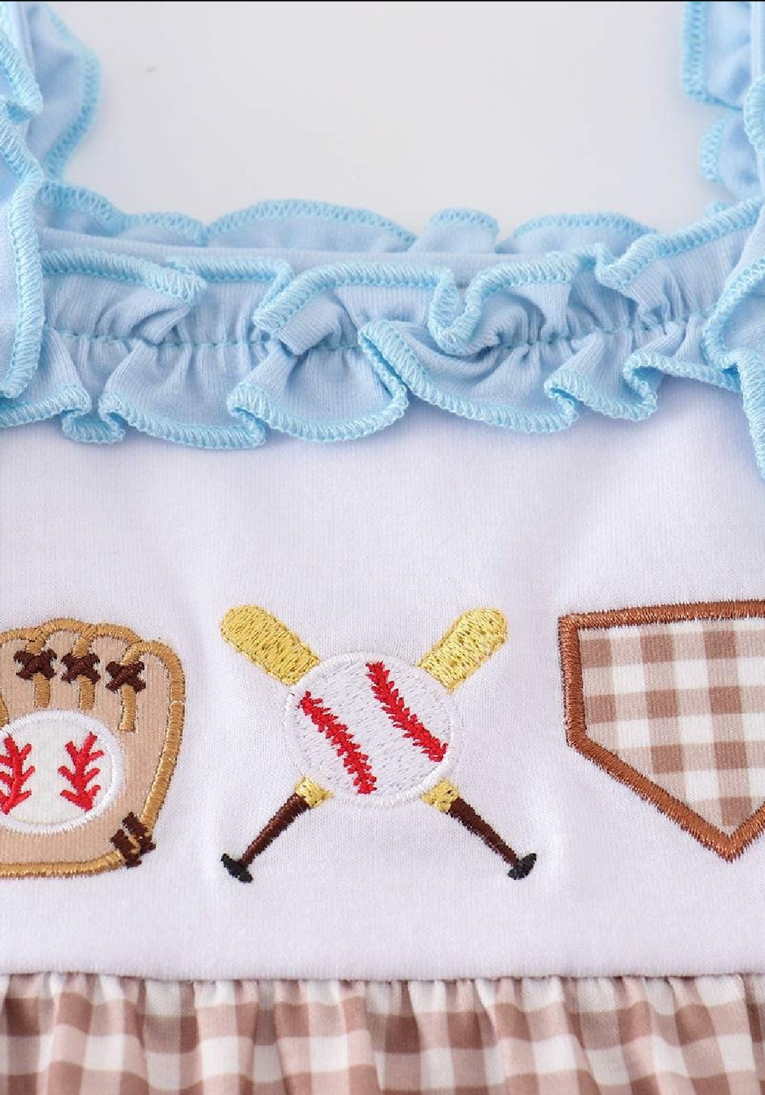 Girl's Boutique Blue Baseball Checkered Embroidered Embroidery Romper Outfit Matching Sibling